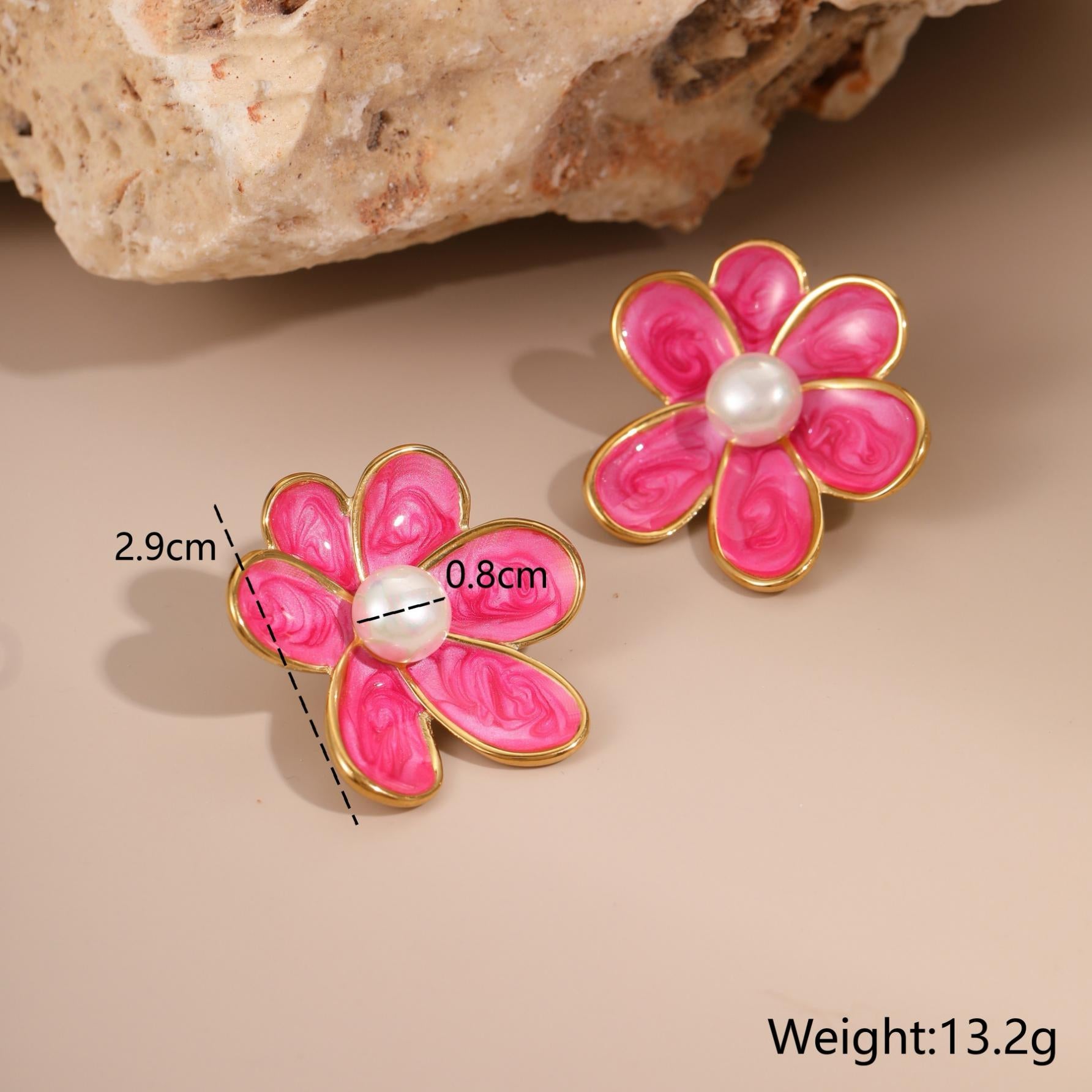Women's Floral Enamel Pearl Stud Earrings - Vintage Inspired 4 Color Options for Daily Wear & Special Occasions