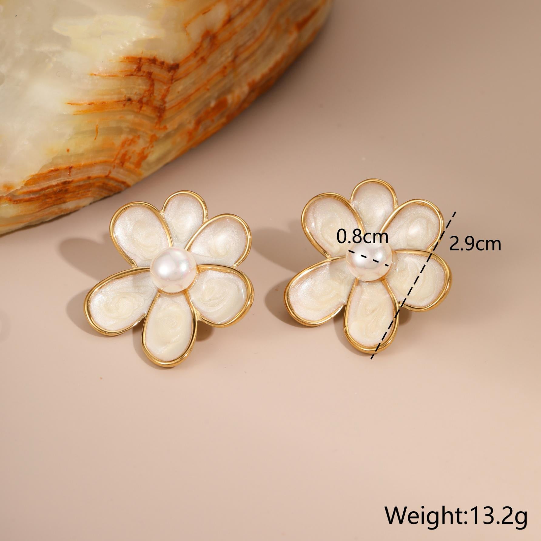 Women's Floral Enamel Pearl Stud Earrings - Vintage Inspired 4 Color Options for Daily Wear & Special Occasions