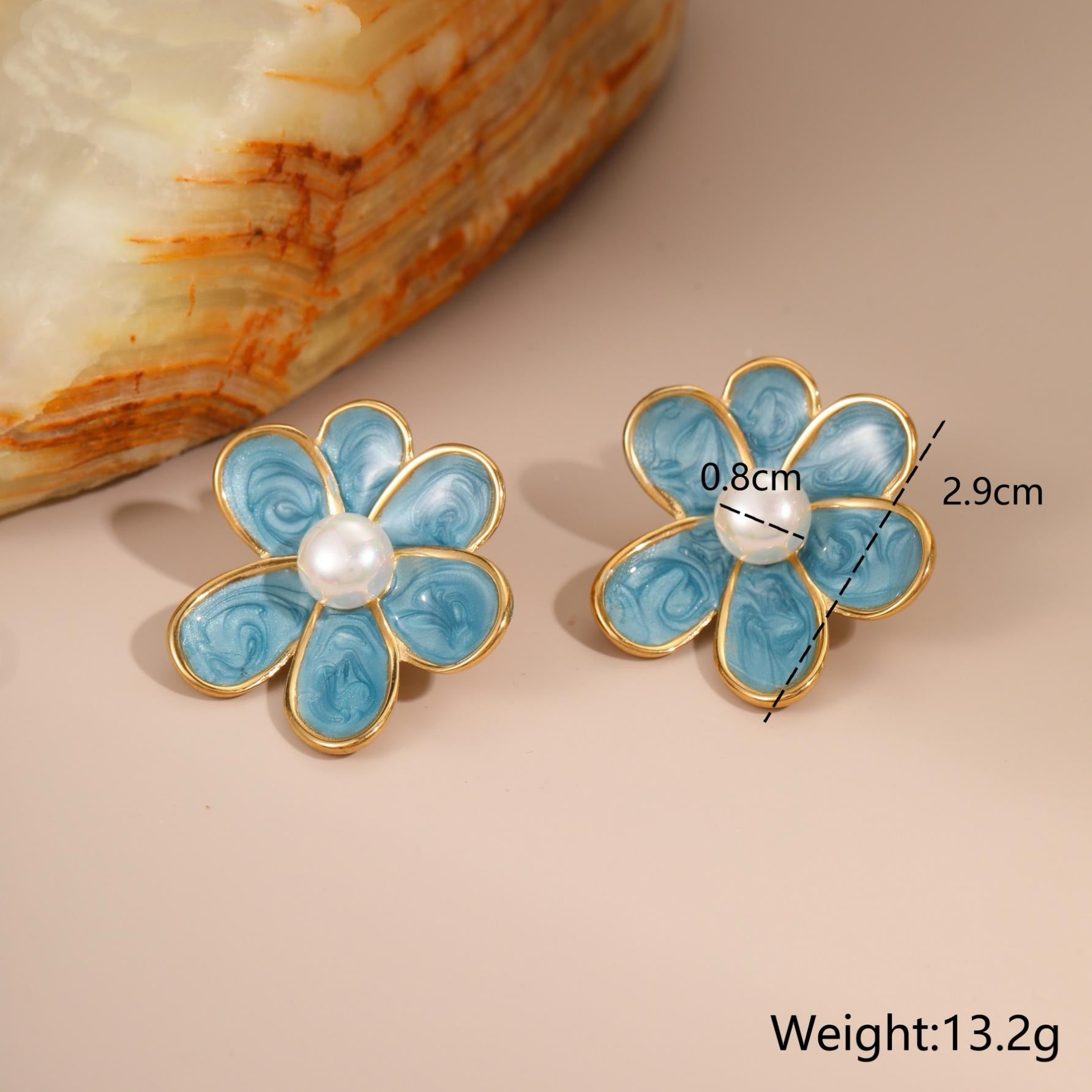 Women's Floral Enamel Pearl Stud Earrings - Vintage Inspired 4 Color Options for Daily Wear & Special Occasions