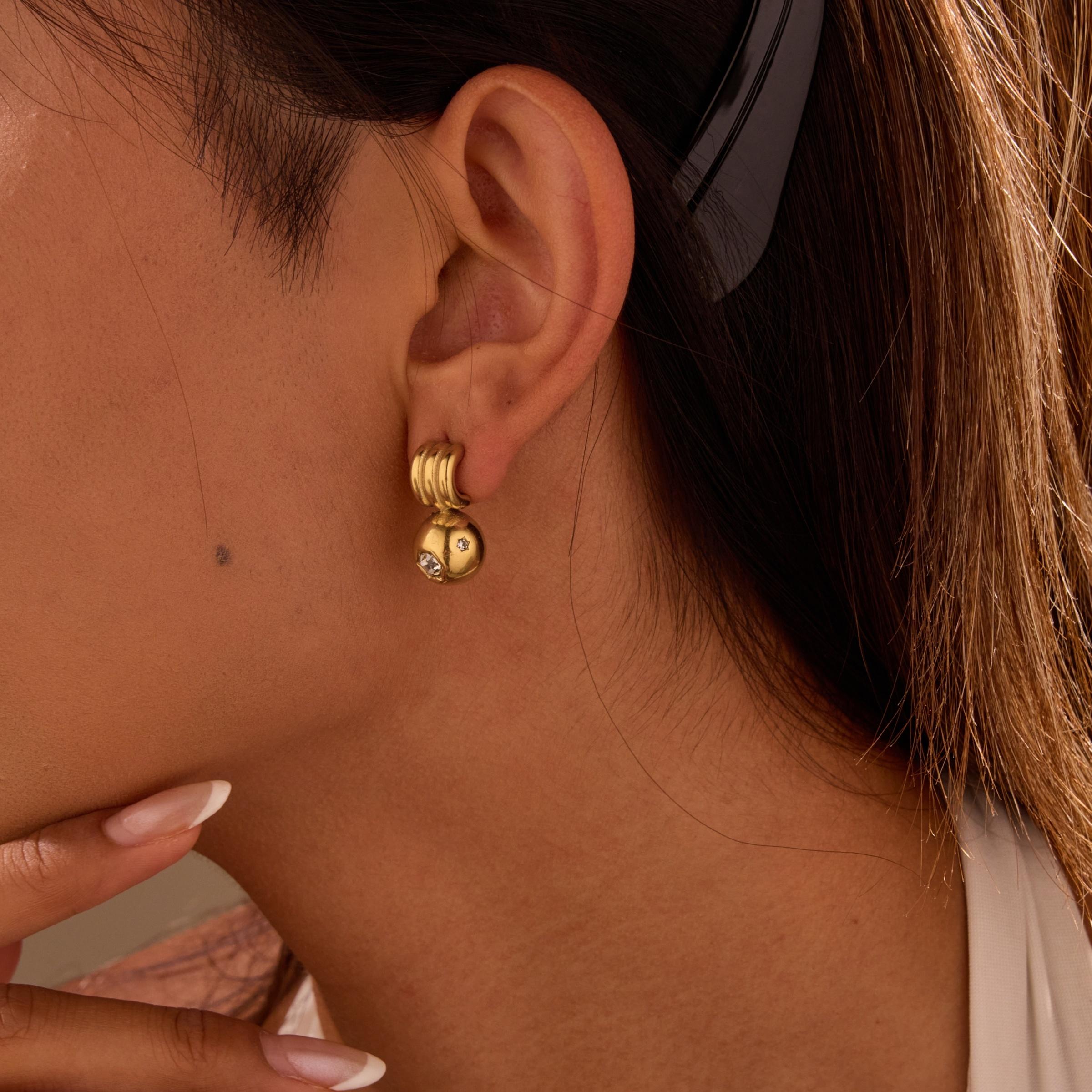 Tarnish-Free 18K Gold-Plated Stainless Steel Geometric Zirconia Stud Earrings - 316L 3-Layer Coil Ball Drop Vintage Light Luxury Earrings, Won't Fade Hypoallergenic