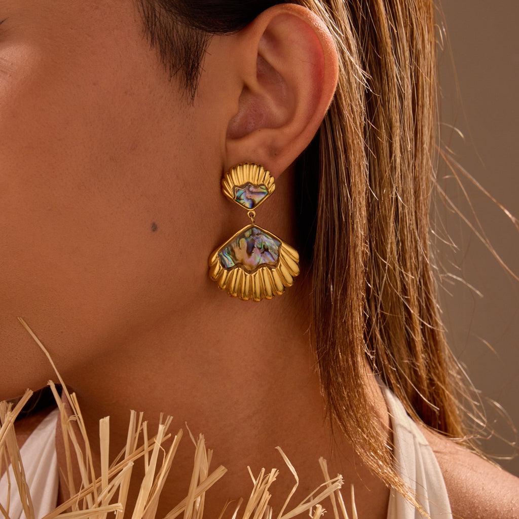 Ocean Style Abalone Shell Drop Earrings - 18K Gold-Plated 316L Stainless Steel Beach Resort Vacation Earrings, Tarnish-Free Won't Fade Hypoallergenic