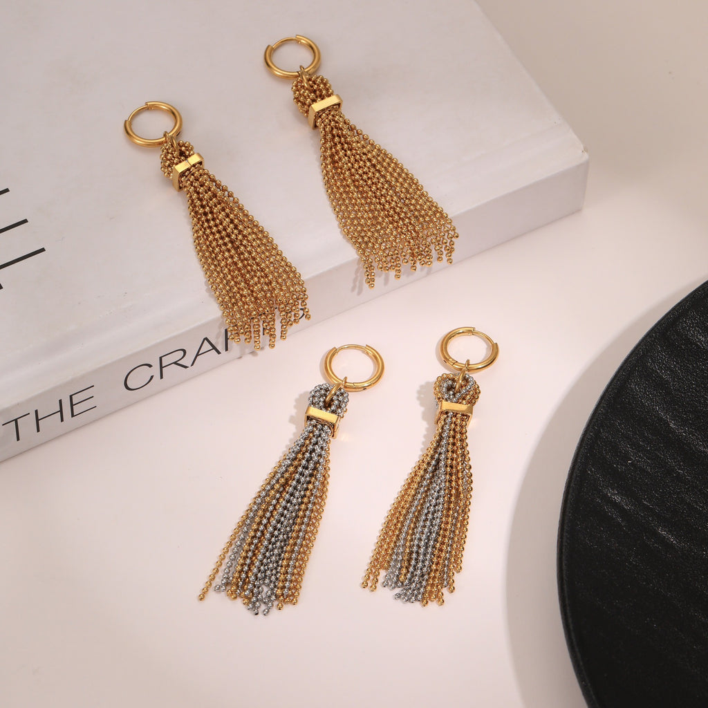 Beaded Tassel Hoop Earrings with Round Bead Fringe - 18K Gold-Plated 316L Stainless Steel Statement Drop Earrings, Tarnish-Free Won't Fade Hypoallergenic