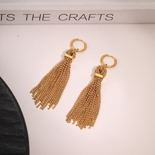 Beaded Tassel Hoop Earrings with Round Bead Fringe - 18K Gold-Plated 316L Stainless Steel Statement Drop Earrings, Tarnish-Free Won't Fade Hypoallergenic