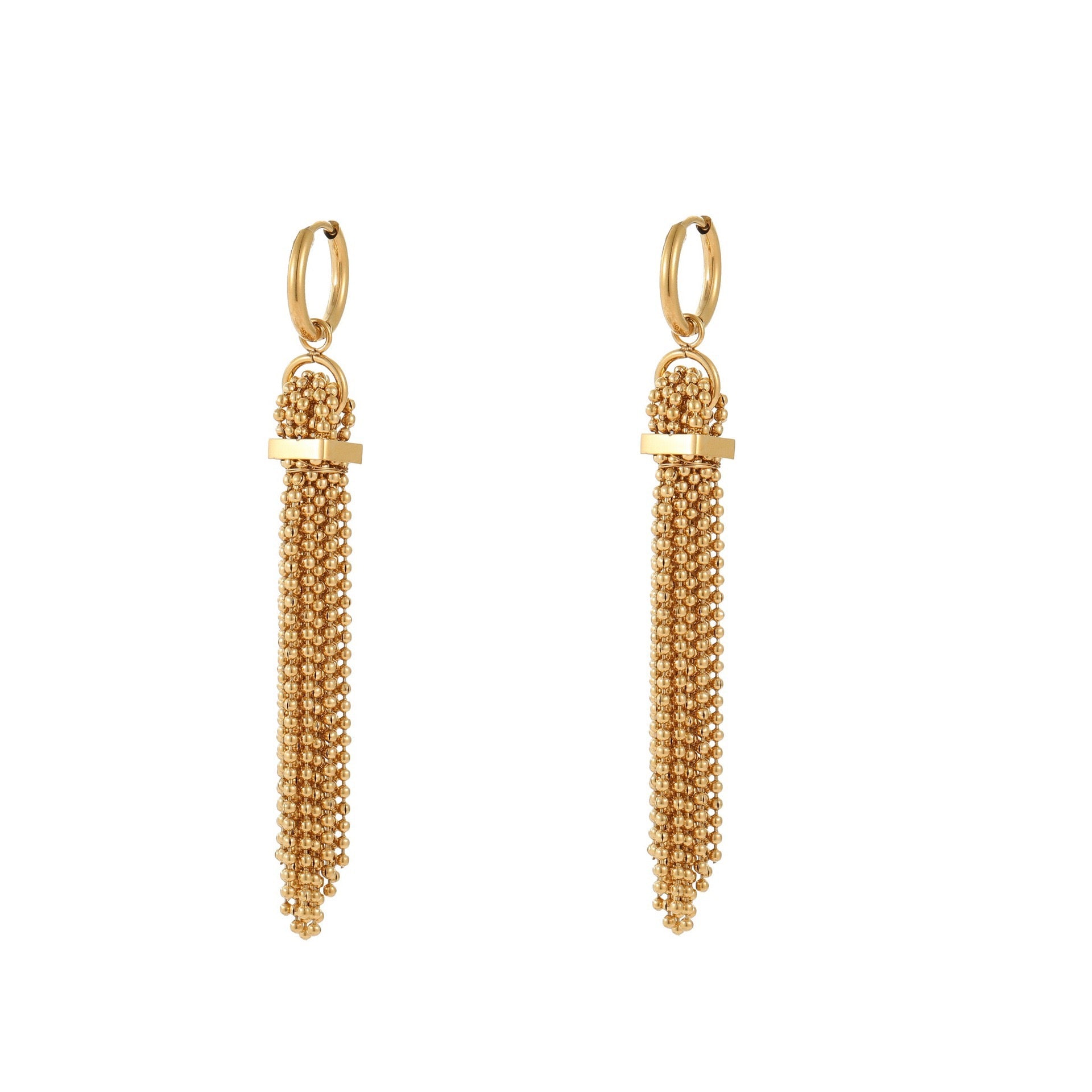 Beaded Tassel Hoop Earrings with Round Bead Fringe - 18K Gold-Plated 316L Stainless Steel Statement Drop Earrings, Tarnish-Free Won't Fade Hypoallergenic
