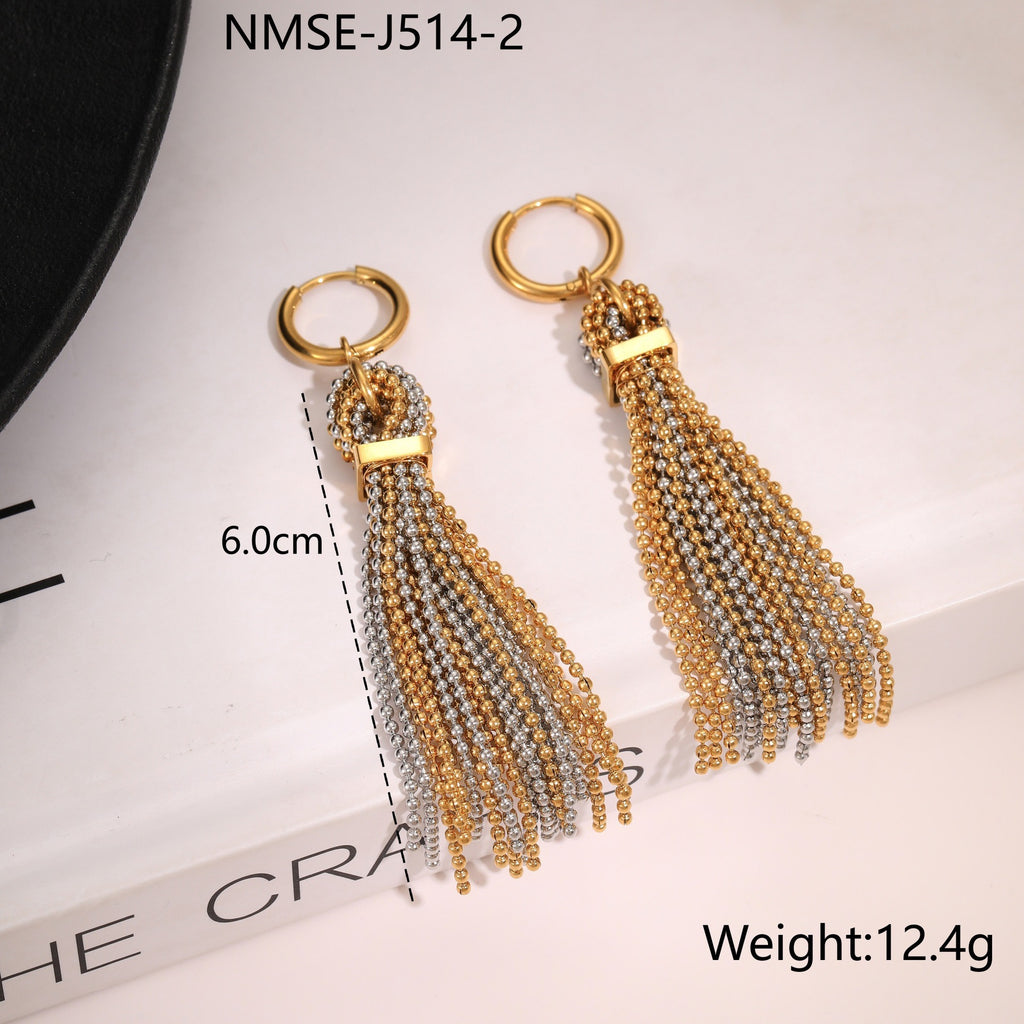 Beaded Tassel Hoop Earrings with Round Bead Fringe - 18K Gold-Plated 316L Stainless Steel Statement Drop Earrings, Tarnish-Free Won't Fade Hypoallergenic