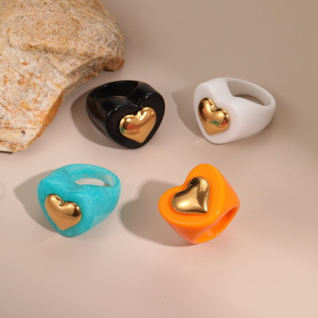 INS Style Heart Resin Ring with 18K Gold Heart Inlay - 316L Stainless Steel Wide Band Statement Ring, Size 9, Tarnish-Free Won't Fade Hypoallergenic