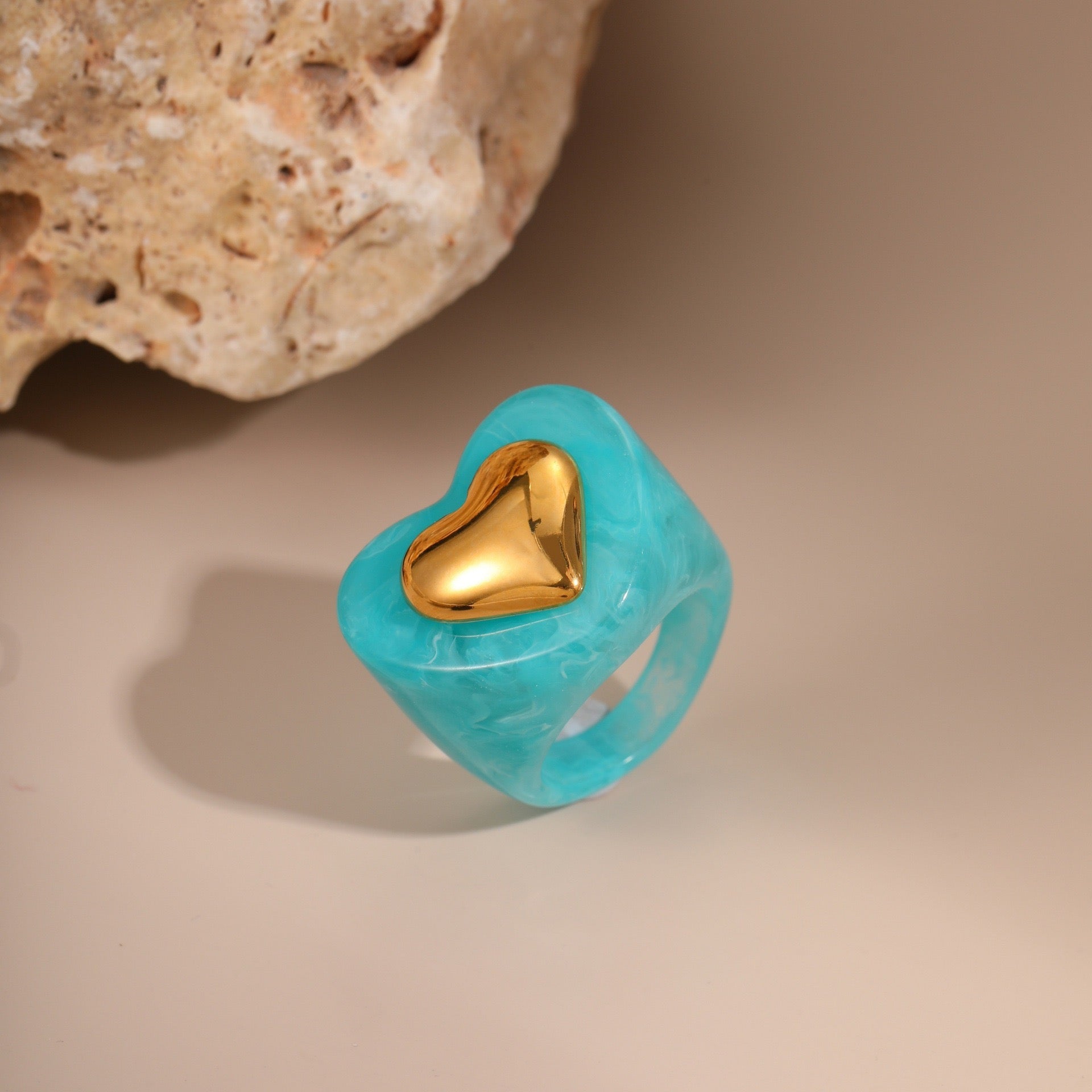 INS Style Heart Resin Ring with 18K Gold Heart Inlay - 316L Stainless Steel Wide Band Statement Ring, Size 9, Tarnish-Free Won't Fade Hypoallergenic