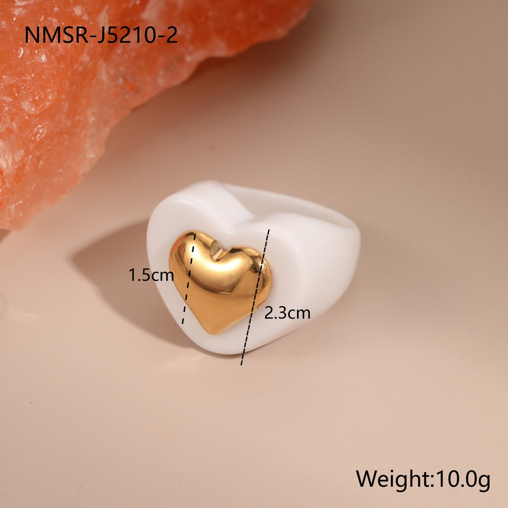 INS Style Heart Resin Ring with 18K Gold Heart Inlay - 316L Stainless Steel Wide Band Statement Ring, Size 9, Tarnish-Free Won't Fade Hypoallergenic