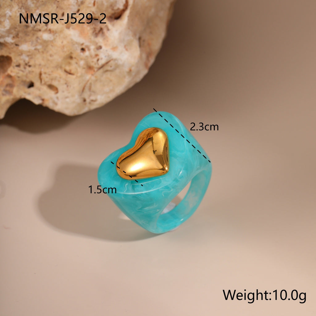 INS Style Heart Resin Ring with 18K Gold Heart Inlay - 316L Stainless Steel Wide Band Statement Ring, Size 9, Tarnish-Free Won't Fade Hypoallergenic
