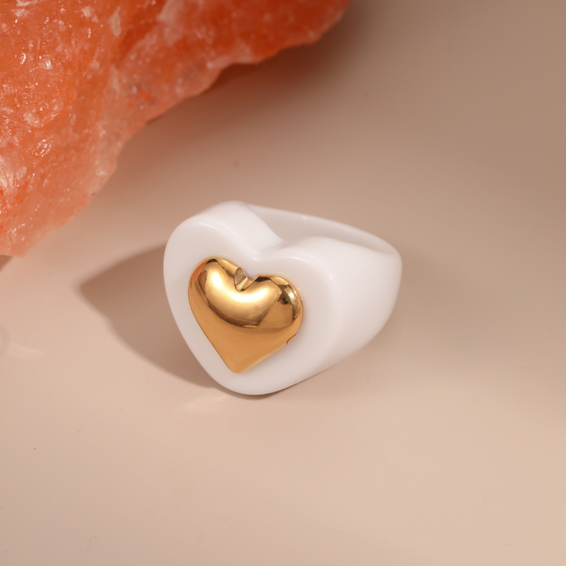 INS Style Heart Resin Ring with 18K Gold Heart Inlay - 316L Stainless Steel Wide Band Statement Ring, Size 9, Tarnish-Free Won't Fade Hypoallergenic