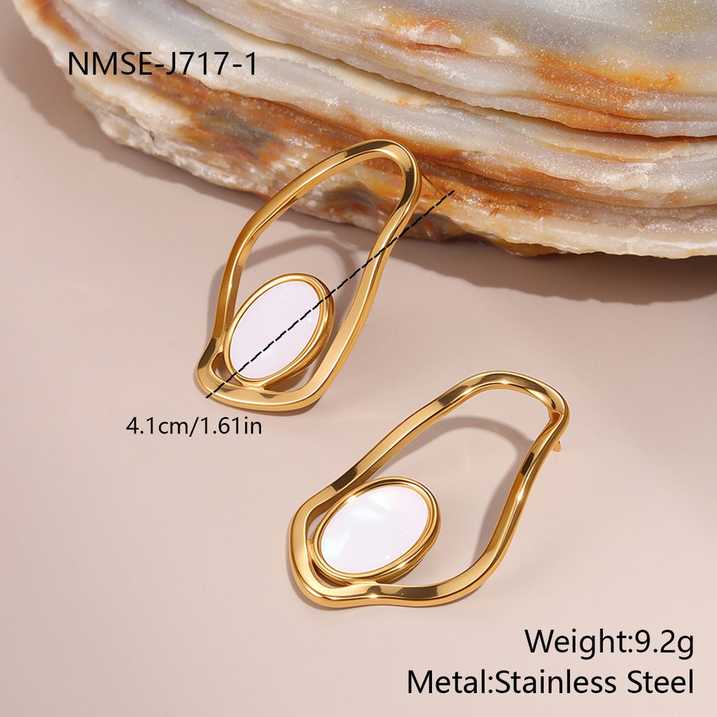 Modernist Cutout Mother-of-Pearl Stud Earrings - 316L Stainless Steel Asymmetric Light Luxury Ear Studs, 18K Gold/Silver Plated Tarnish-Free Won't Fade Hypoallergenic