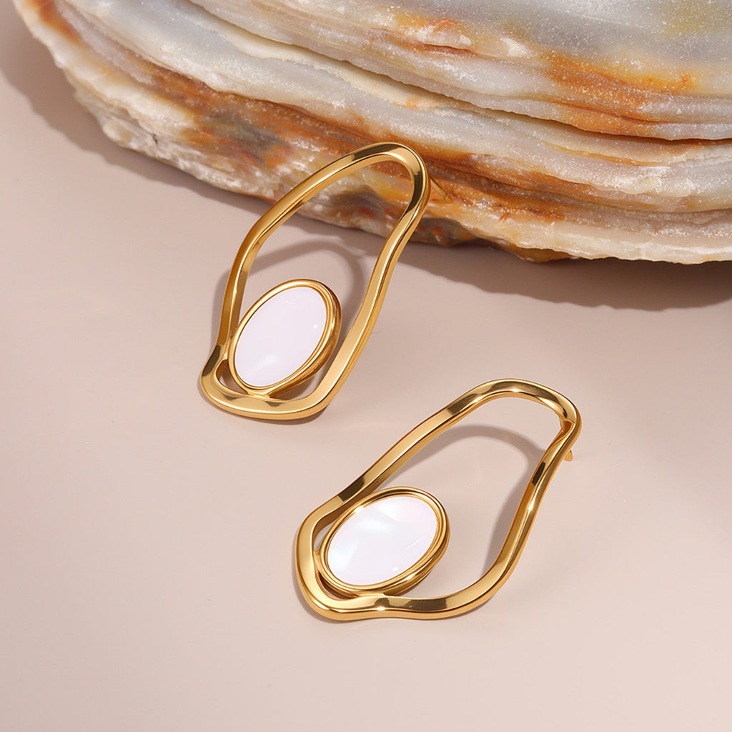 Modernist Cutout Mother-of-Pearl Stud Earrings - 316L Stainless Steel Asymmetric Light Luxury Ear Studs, 18K Gold/Silver Plated Tarnish-Free Won't Fade Hypoallergenic
